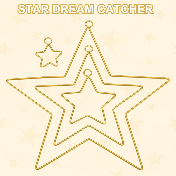 MECCANIXITY 4 Pcs Star Dream Catcher Rings, 10" Dream Catcher Metal Hoops Macrame Wreath Rings Pentagram Floral Hoops for DIY Craft Making Home Wedding Wall Hanging Decoration, Gold
