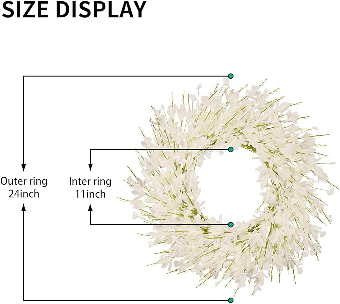 24 Inch Artificial White Forsythia Flower Wreath, Silk & Paper Bridal Floral Wreath for Front Door, Elegant Winter Wedding & Spring Summer Decor, All Season Farmhouse Porch Wall Decor