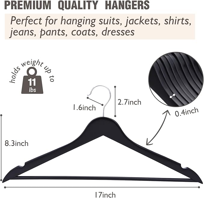 ELONG HOME Solid Wooden Hangers 30 Pack, Wood Suit Hangers with Extra Smooth Finish, Precisely Cut Notches & Chrome Swivel Hook, Wooden Clothes Hangers for Shirt Coat Jacket Dress, Black