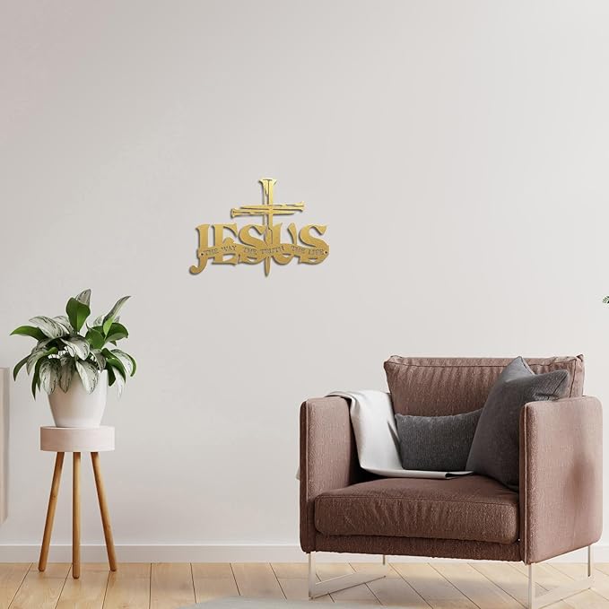 Jesus Cross Metal Wall Decor Christian Wall Art for Home Religious Cross Decoration Living Room Bedroom Prayer Room The Way The Truth The Life Christ Inspired Christian Gift for Family Friends(Gold)
