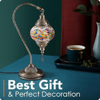 Yarra-Decor Turkish Moroccan Lamp with Bronze Base 3-Way Color Changing Handmade Swan Neck Tiffany Mosaic Glass Bedside Lamps for Bedroom (LED Bulb Included) (Colorful)