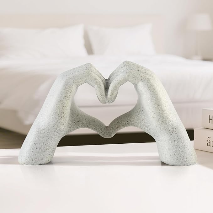 White Heart Hands Sculpture - 9.4" W Modern Home Decor Sculpture for Shelves, Desk & Living Room, Minimalist Shelf Decorations, Heart Hands Decor