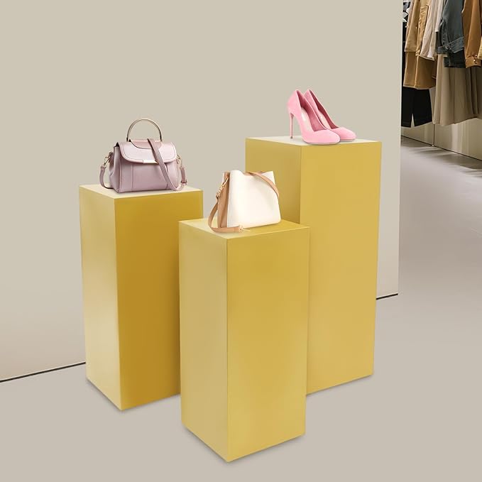 3 PCS Display Pedestal Stand, Metal Display Pedestal Stands Decoration Cube Sculpture Displays Column Square Displays Stands Pillars for Wedding Party Baby Shower Birthday (Gold, 3PCS)