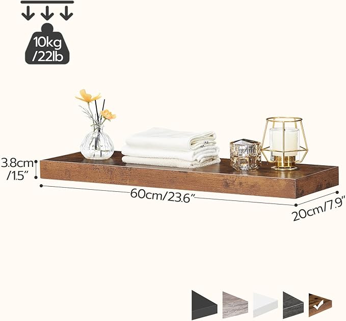 HOOBRO Floating Shelves for Wall, Wall Mounted Shelf Set of 2, 23.6" Hanging Shelf with Invisible Brackets, for Wall Decor Storage in Bathroom Bedroom Kitchen Living Room Office, Rustic Brown BF60BJ01