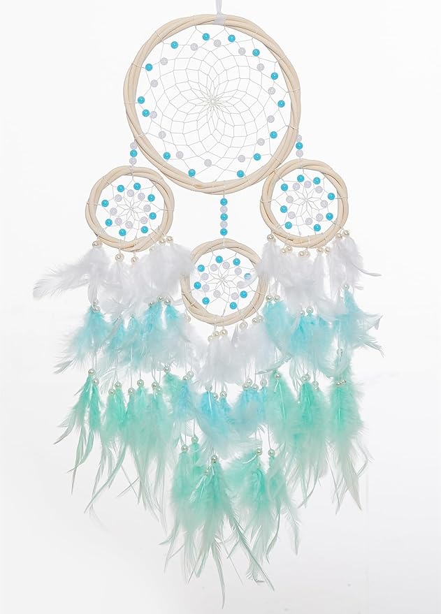 Large Rattan Dream Catchers - Light Blue Rooster Feather with Luxury Pearl, Multiring, Handmade Dreamcatcher for Bedroom, Dream Catcher for Girls, Dream Catchers for Boys, Dream Catcher Wall Decor