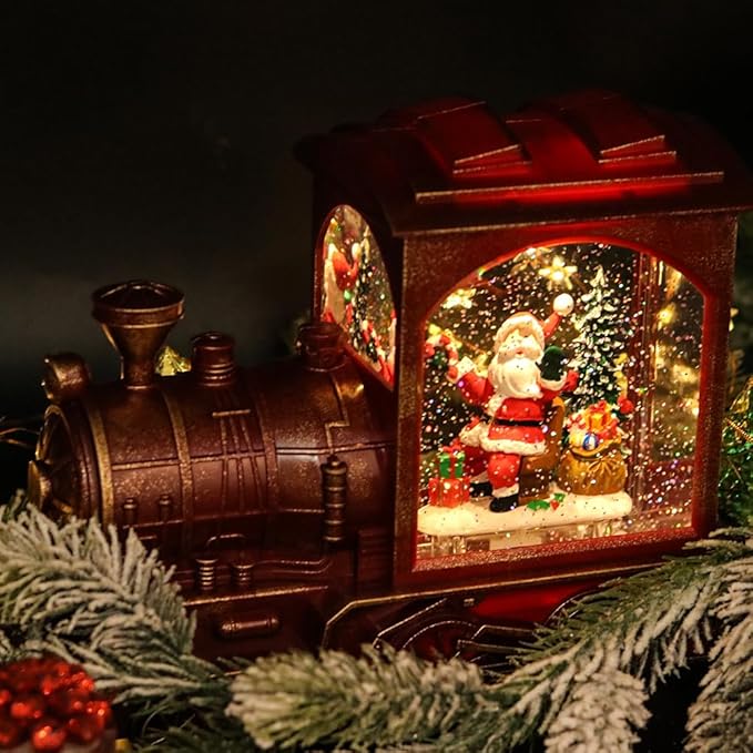Wondise Lighted Christmas Snow Globes Musical Lantern with Timer, Battery Operated Spinning Water and Swirling Glitter Globes, Train Shape Holiday Christmas Thanksgiving Decoration