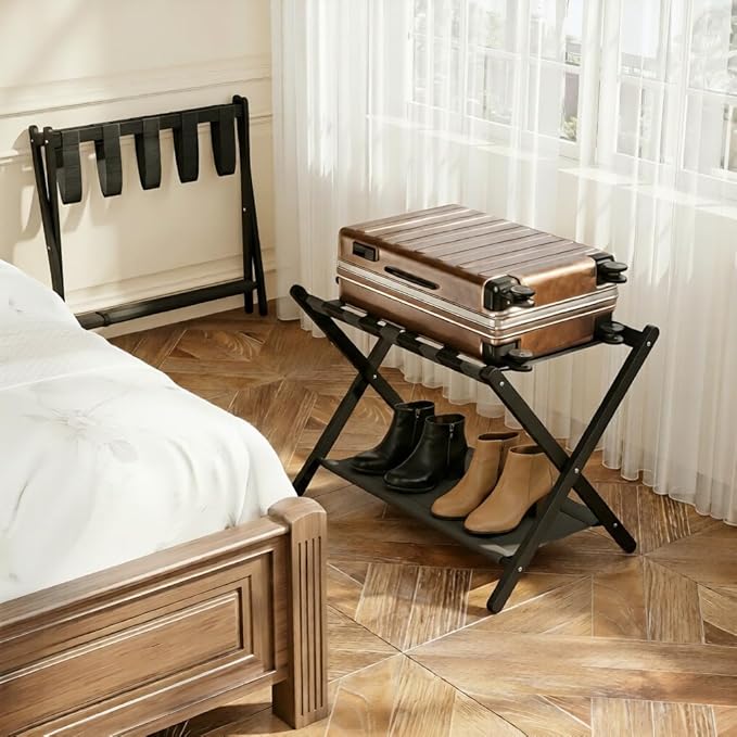 2 Pack Bamboo Luggage Rack for Guest Room, 26.77" Folding Wide Suitcase Stand with Fabric Storage Shelf, Thickened Luggage Stand Holder for Bedroom Hotel, Luggage Rack for Suitcases (2 Pack - Black)