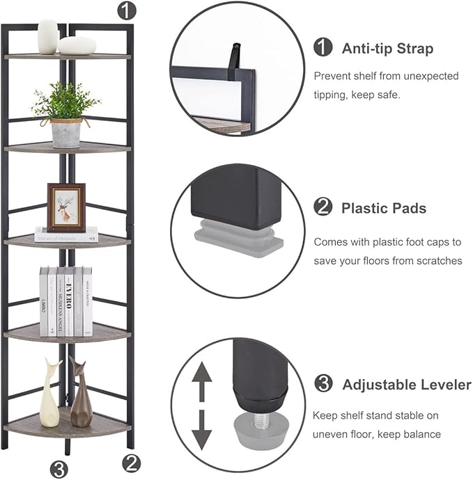 BON AUGURE Rustic Corner Shelf Stand, Tall Industrial Corner Bookshelf, Wood Metal 5 Tier Bookcase Shelves, Display Shelving Unit for Kitchen, Living Room (Dark Grey Oak)
