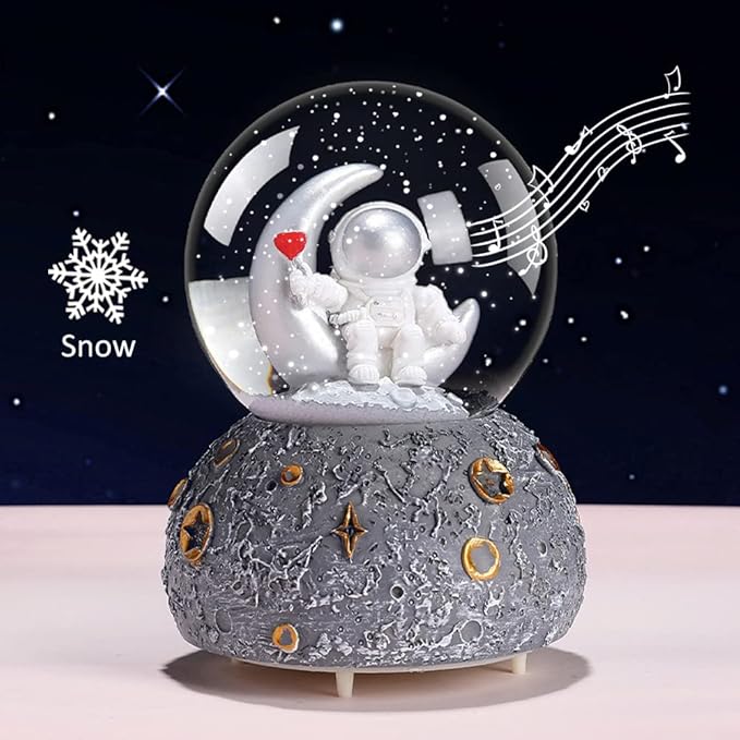 Astronaut Snow Globe Music Box, 80MM Musical Glitter Snow Globe with Color Changing LED Lights, Home Decor Birthday Gifts for Men Women Boys and Girls (Silver)