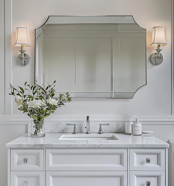 ANDY STAR 30x40 Inch Chrome Mirror, Scalloped Bathroom Mirror, Polished Chrome Framed Mirror in Anti-Rust Stainless Steel Metal Thin Frame Deep 1’’, Large Wall-Mounted Mirror (Horizontal/Vertical)