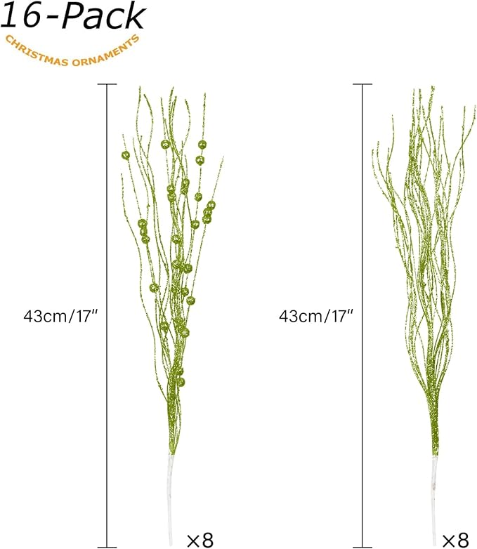 SLK 16-Pack Artificial Glitter Pick Set Of Berry Sprays Stem Ornaments, Christmas Decoration Glittery Twigs, Christmas Tree Picks, Branches, Wreath For Christmas Day, Halloween，Party ,Holiday，Green