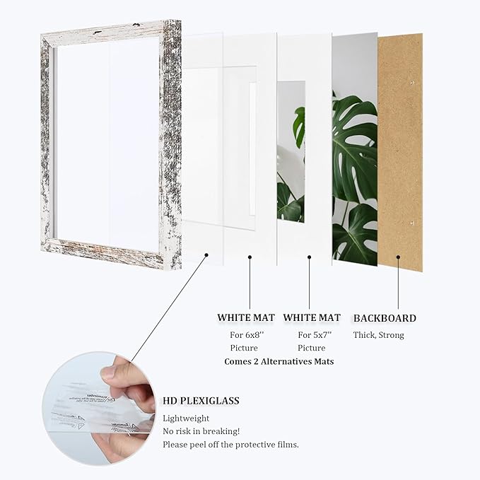 Egofine 9x12 Picture Frames Set of 4, Made of Solid Wood Covered by Plexiglass 5x7 and 6x8 with Mat or 9x12 without Mat, for Table Top Display and Wall Mounting Photo Frame, Rustic White