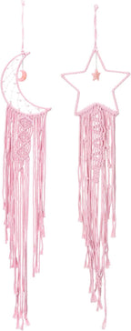 PATIKIL Moon Star Dream Catcher Decor, 39" Boho Dream Catcher Macrame Woven Wall Hanging for Home Decor Bedroom Accessories Cafes Wedding Decoration, Pink