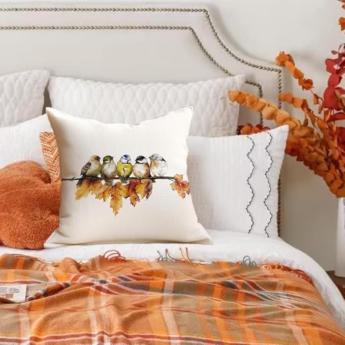 RABUSOFA Fall Pillow Covers 20x20 Inch Watercolor Bird Autumn Decorations for Home Outdoor Thanksgiving Decor Maple Leaf Decorative Throw Pillow Cases Farmhouse for Couch Sofa