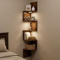 HAAYOT Corner Shelf Wall Mounted: 5-Tier Floating Shelves with Lights for Bedroom, Living Room, Home Office, Rustic Brown