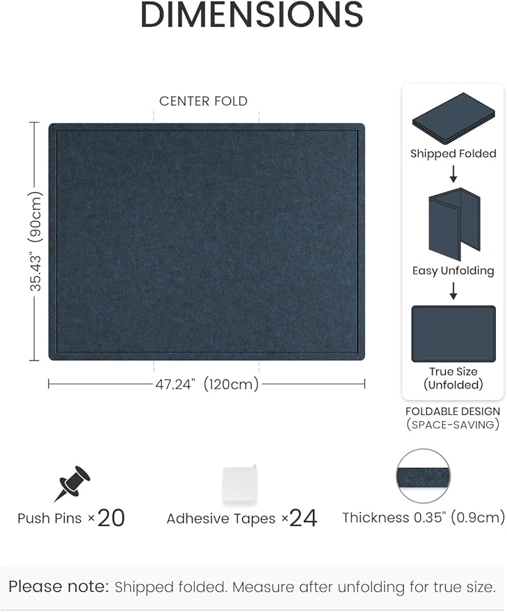 Fluxynara Large Bulletin Board, 47.2" x 35.4" Cork Board Alternative with 24 Safe Removable Adhesive Tabs, Foldable Felt Pin Board for Home Office, Classroom, Bedroom,Entryway for Walls—Carbon Blue