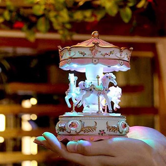 Carousel Music Box with 3 Rotating Horses, Color-Changing LED Lights, Wind-Up Clockwork 18-Note Melody, Small Resin Tabletop Decor, 5.9" Tall x 3.93" Dia (Blue)