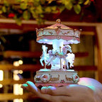 Carousel Music Box with 3 Rotating Horses, Color-Changing LED Lights, Wind-Up Clockwork 18-Note Melody, Small Resin Tabletop Decor, 5.9" Tall x 3.93" Dia (Purple)