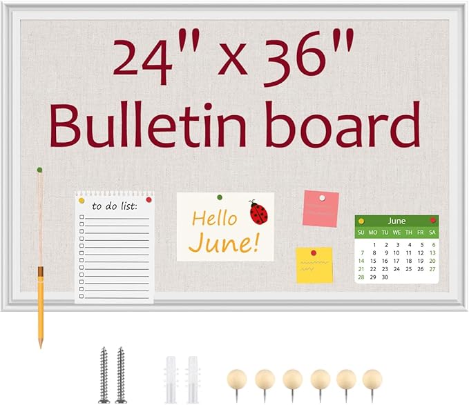 Linen Bulletin Board,Pin Boards for Walls,Fabric Bulletin Board,White Wood Frame Beige Linen,23.6"x35.4",Large Pin Board for Office,Home Kitchen, Vision Cork Board (WH-6090)