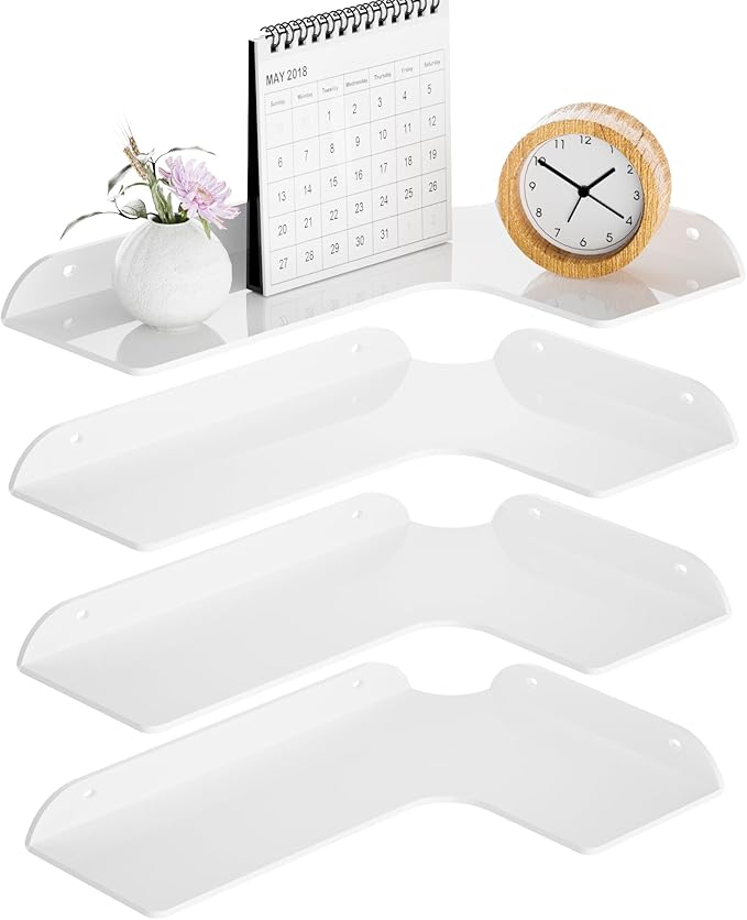 Sezanrpt 8x11.8 Inch Corner Shelf Wall Mount Set of 4, White Acrylic Corner Floating Shelves, Wall Organizer Shelf for Bathroom, Kitchen, Bedroom, Living Room, Dining Room, Office