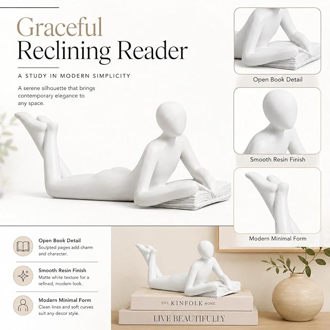 White Reading Statue Style A, Abstract Reader Figurine, Resin Book Decor for Bookshelf, Coffee Table, Desk Shelf Decor, Gift for Book Lovers