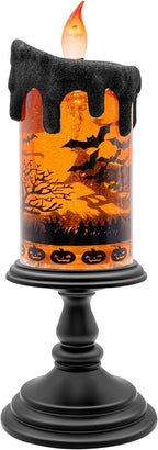 Halloween Snow Globe Flameless Candle – Lighted Halloween Glitter Lantern with Spinning Water and Timer, Pumpkin & Bat Scene Halloween Decor for Home, Party, Table Centerpiece
