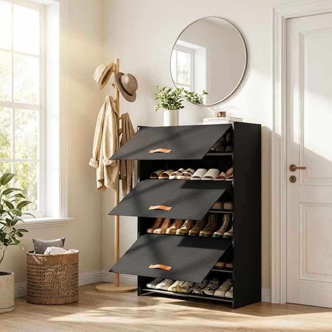 6-Tier Shoe Storage Cabinet with Hard Flip Doors, Fabric Cover, Holds 18–24 Pairs, Enclosed Dustproof Shoe Rack Organizer for Entryway, Closet & Bedroom, Shoe Shelf, Black, 27.8" x 12.0" x 41.9"