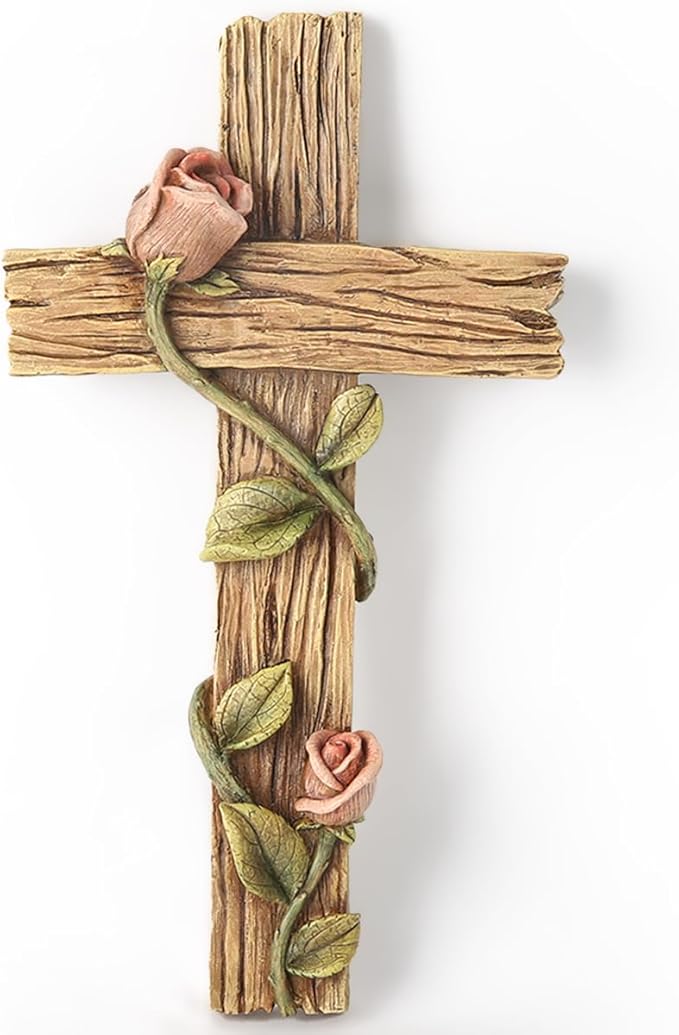 BC Home Decor 8.25" H Mystical Rose Cross for Wall, Wood Carve Looking Spring Rustic Catholic Home Decor, Mother's Day Religious Gift, Handpainted by Buildclassic
