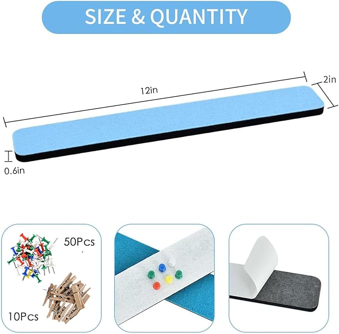 Vuzvuv 8 pcs Bulletin Board Bar Strips with 50 Pushpins & 10 Wooden Clip pins，Self Adhesive Cork Board for Wall，Felt Pin Board for School，Office Decor(Blue White Grey)