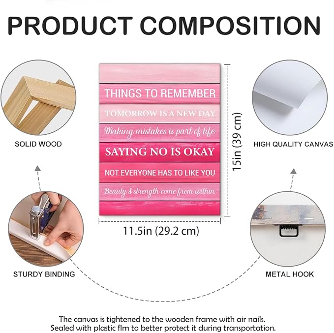 Inspirational Pink Wall Art Decor, Preppy Motivational Room Sign, Pink Positive Canvas Posters Art Work for Home Office Bedroom Living Room Kitchen Bathroom (11.5 X 15 Inches, Framed)