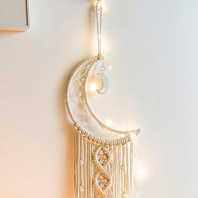 ANROYE Boho Macrame Woven Wall Hanging, Crochet Crescent Moon Star Dream Catcher with Long Tassel- White Cotton Handmade Bohemian Nursery Decor Decoration Art Craft for Kids Bedroom Dorm Room