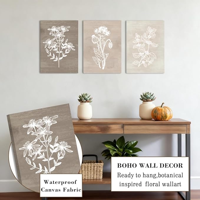 BINCUE Neutral Botanical Plant Canvas 6 Pieces Wall Art Rustic Wall Decor Farmhouse Wall Paintings Botanical Prints Simple Plants Wall Pictures Minimalist Flower Decor for Living Room Bedroom Bathroom Office Dining Room 12"x 16"