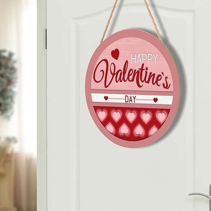 Happy Valentine's Day Welcome Door Sign 12”x12” Valentines Day Decorations Door Hanger Rustic Wooden Hanging Wall Plaque Sign Valentine Wreaths for Front Door Porch Farmhouse Housewarming