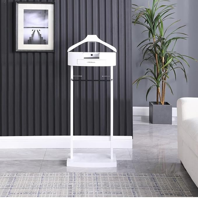 White Valet Stand For Women, Suit Valet Stand For Mens, Clothing Valet Stand Suit , With Drawer Wood Suit Valet Rack, Freestanding Contour Hanger Trouser Shoe Rack Tie & Belt Stand Organizer Organizer