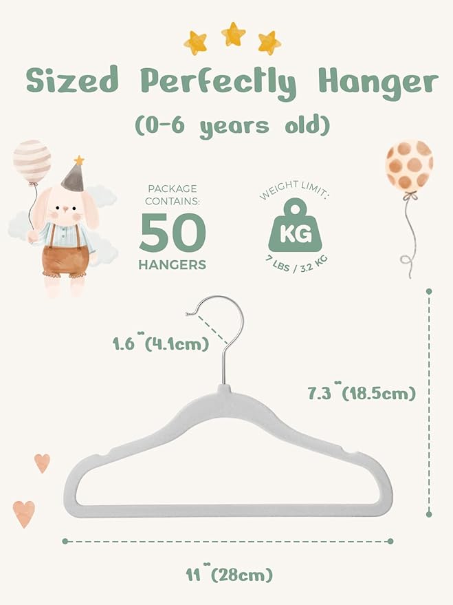 HOUSE DAY 11 Inch Velvet Baby Hangers 50 Pack Grey, Premium Kids Hangers for Children, Infant & Toddler Clothes, Durable Non Slip Small Baby Felt Hanger for Closet, Ideal for Everyday Use