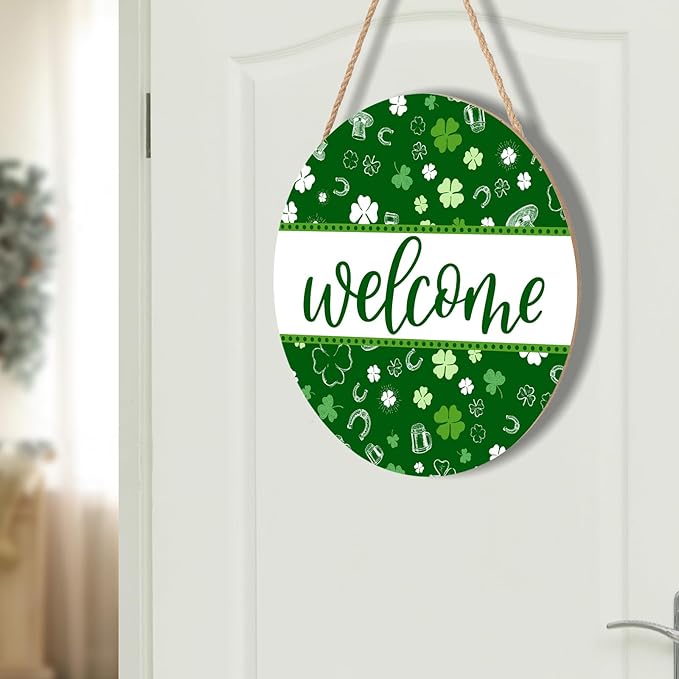 St Patricks Day Welcome Door Decoration for Home Welcome Shamrock Wreath Sign for Front Door St Patricks Day Outdoor Decorations Hanging Wooden Sign for Home Proch Spring Farmhouse 12x12 Inch