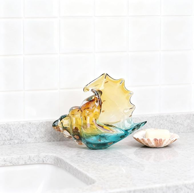 DOVDOV Hand-Blown Glass Conch Sculpture, Coastal Home Decor Conch Horn, Glass Art Seashell Ornament, Office, Living Room Tabletop Centerpiece, Bathroom Shelf top and Cabinet Decoration.