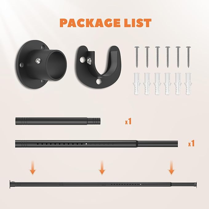 Closet Rod 17-39 Inches, Adjustable Heavy Duty Metal Black Closet Rods for Hanging Clothes 1.3 Inches Diameter for Wardrobes Laundry
