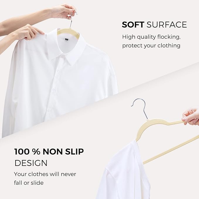 HOUSE DAY Premium Velvet Hangers 50 Pack, Non-Slip Flocked Felt Hangers, Sturdy Clothes Hangers with 360° Rotatable Hook, Heavy Duty Coat Hanger, Durable Slim Beige Hanger for Closet Space Saving