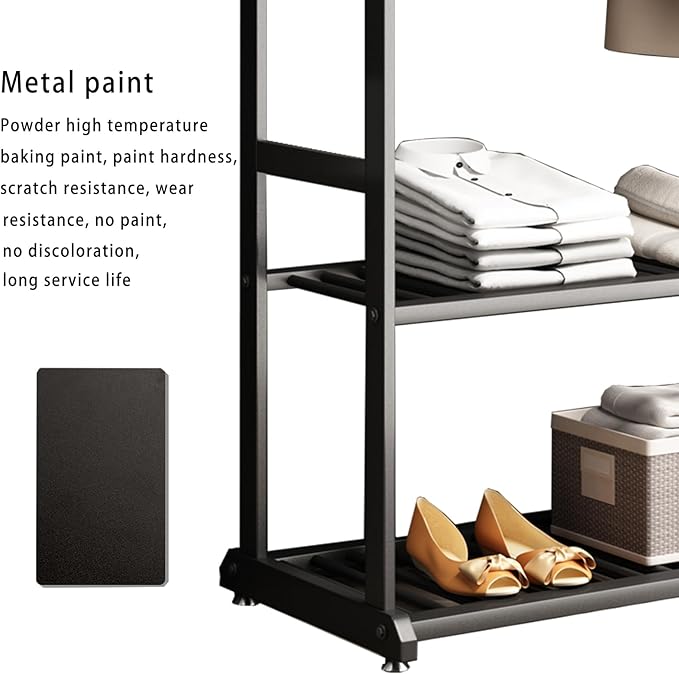 Freestanding Clothing Rack,Metal Garment Rack with Bottom Shelves and 6 Side Hooks,Black Sturdy clothes racks for hanging clothes,Modern Wardrobe Organizer for Bedroom or Closet (L:39.4)