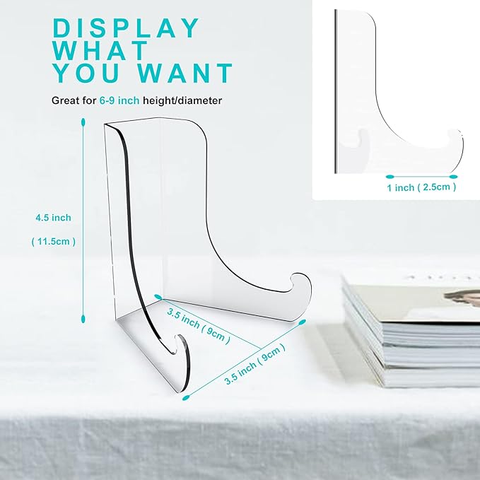 Boloyo Flat Back Acrylic Plate Display Stand , 4.5 Inch 2PC Clear Acrylic Display Holder Easel Base for Home Office Kitchen School Art Display