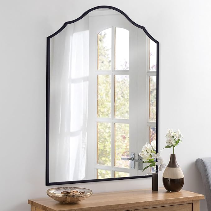 Black Arched Mirror for Bathroom, 36"x24" Bedside Mirrors for Wall with Modern Antique Metal Frame, Large Scalloped Entryway Decor