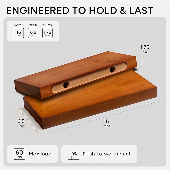 Homeforia 16 inch Oak Floating Shelf, High End Solid Real Wood 16inch Small Floating Shelves for Wall Mounted, Honey Oak Wooden 16in Floating Shelves, Heavy Duty Bracket, 16 X 6.5 X 1.75 in, Set of 4