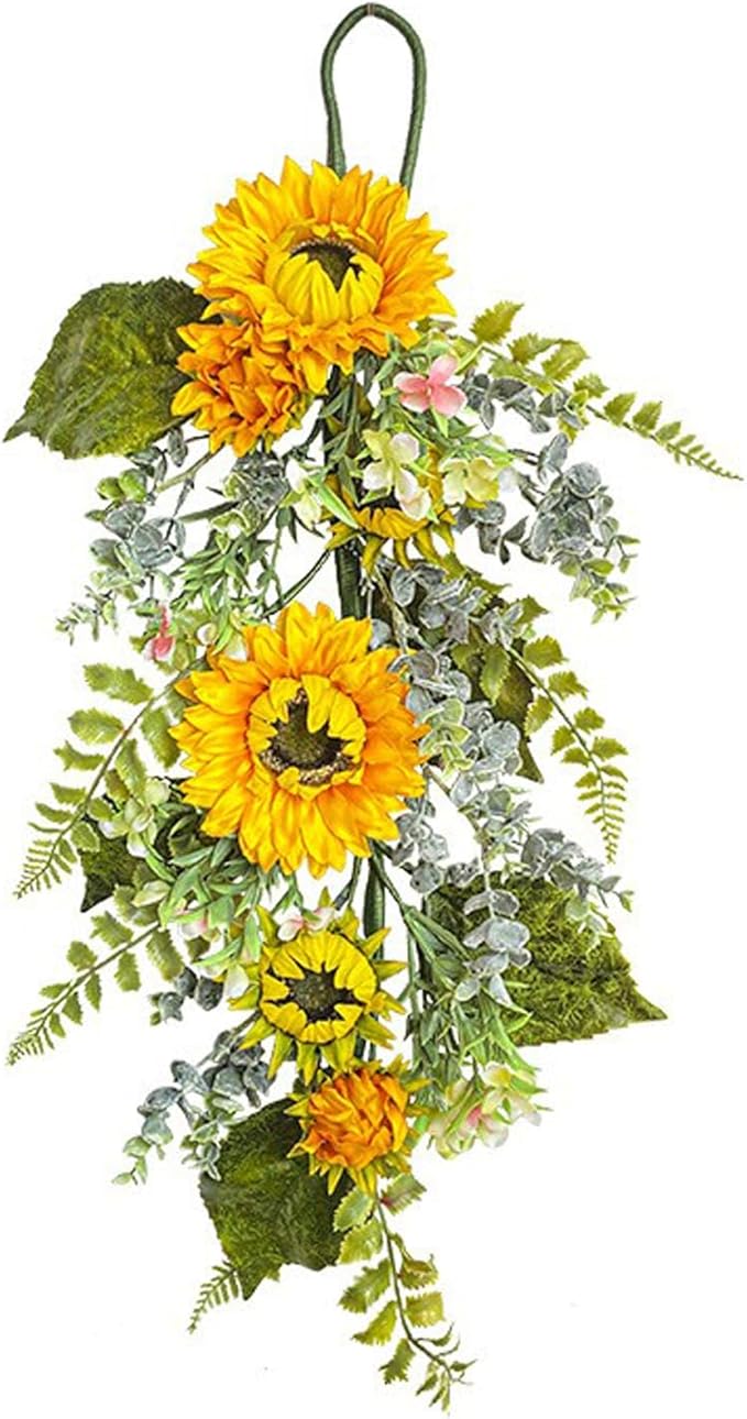 Spring Teardrop Swag for Front Door,Artificial Teardrop Swag,Spring Summer Front Door Teardrop Swag,Artificial Sunflower Swag,Artificial Floral Swag Wreath for Front Door Window(Yellow)