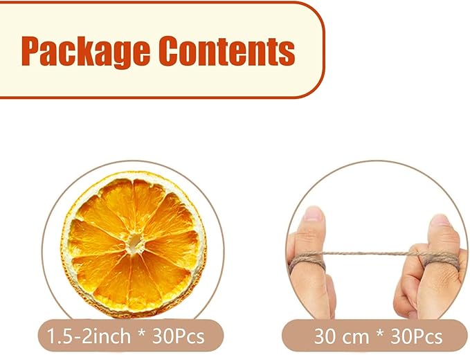 30 Pcs Dried Orange Slices, with 30Pcs Hemp Rope, Christmas Wreath Making Supplies for X-mas Tree Decoration, DIY Crafts, Present Wrapping