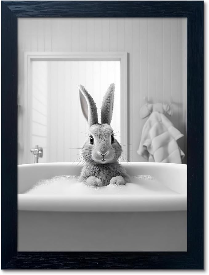 Funny Kids Bathroom Wall Decor, Black and White Cute Animal Canvas Wall Art, Black Framed Rabbit in Bathtub Farmhouse Picture Wall Decor Print Artworks for Bathroom