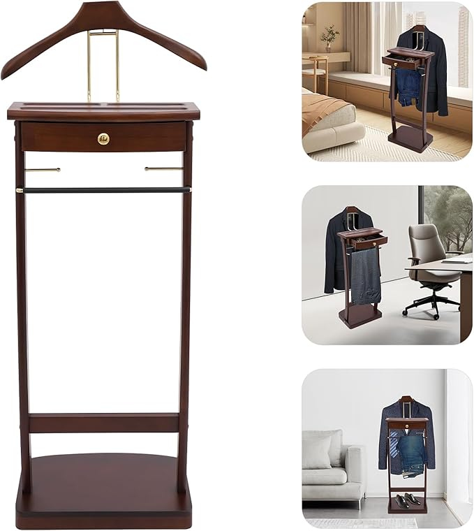 Wooden Freestanding Clothes Stand with Sturdy Base, Multi-functional Suit Valet Stand, Coat Rack with Top Drawer, Tie Hangers, and Storage Compartments for Office, Bedroom, Living Room (Walnut Color)