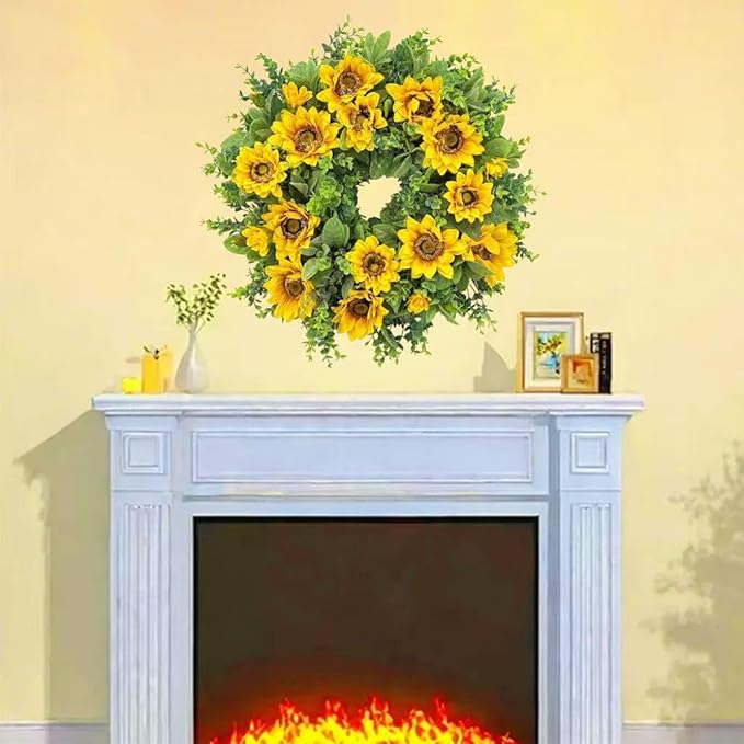 20 Inch Spring Sunflower Wreath for Front Door - Artificial Yellow Floral Front Door Decor with Sunflowers and Green Leaves, Cheerful Farmhouse Porch Indoor Outdoor for All Seasons Decor