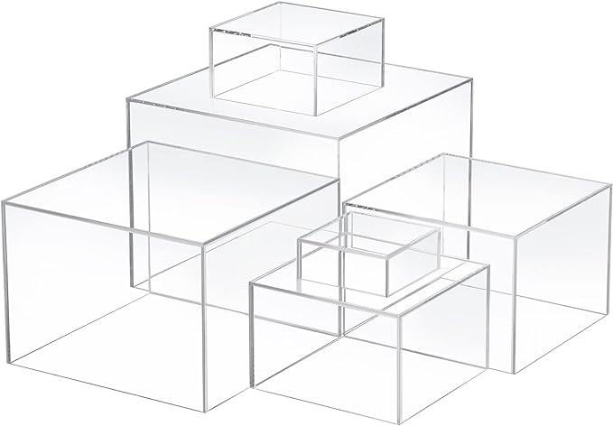 Geelin 6 Pack Acrylic Risers for Display Acrylic Cube Boxes Risers Display Stands with Hollow Bottoms Decorative Stand for Jewelry Candy Table Decor 6 Sizes(Clear,3 to 8 Inch,Square)