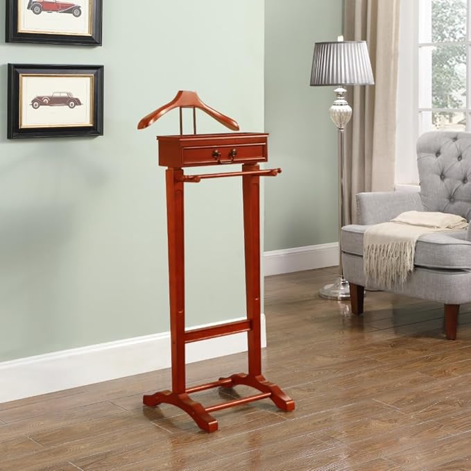 Proman Products Bombay Suit Valet Stand VL26700 with Drawer, Top Tray, Contour Hanger, Trouser Bar, and Shoe Rack, 18" W x 16" D x 48" H, Cherry